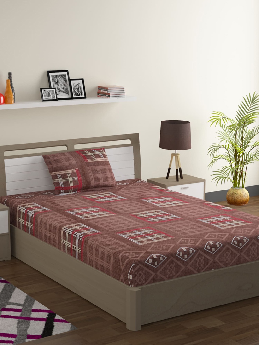 

SWAYAM Brown & Red Geometric 144 TC Cotton 1 Single Bedsheet with 1 Pillow Covers