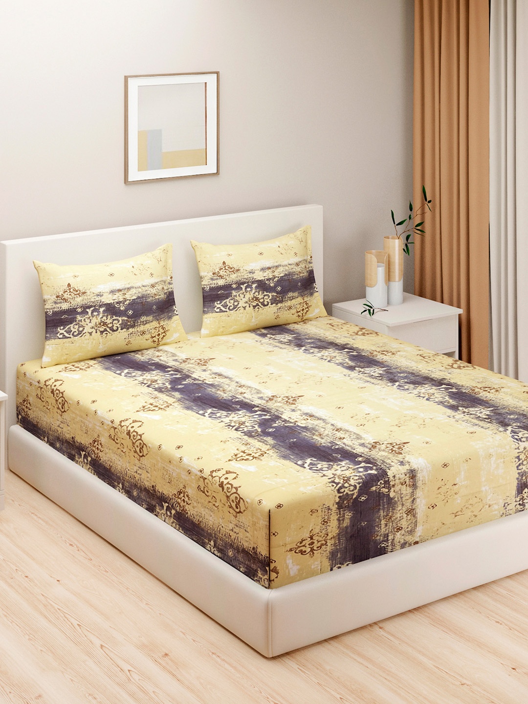 

SWAYAM Yellow Veda Ethnic Motif 160 TC Cotton King Bedsheet Set