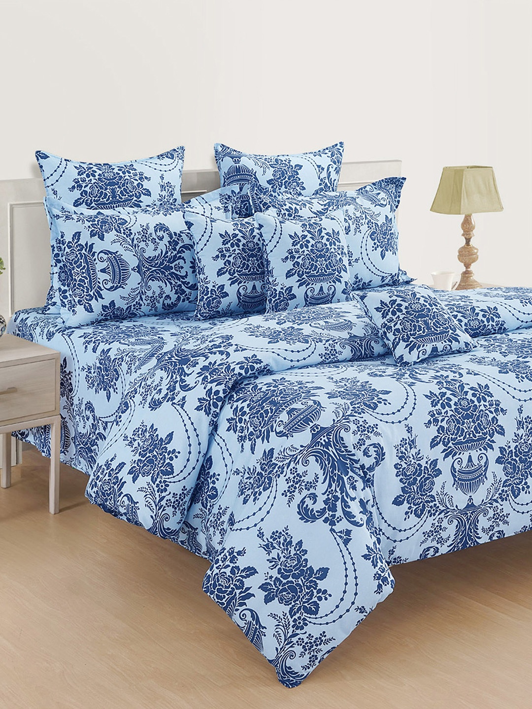 

SWAYAM Blue Ethnic Motif 144 TC King Fitted Bedsheet Set