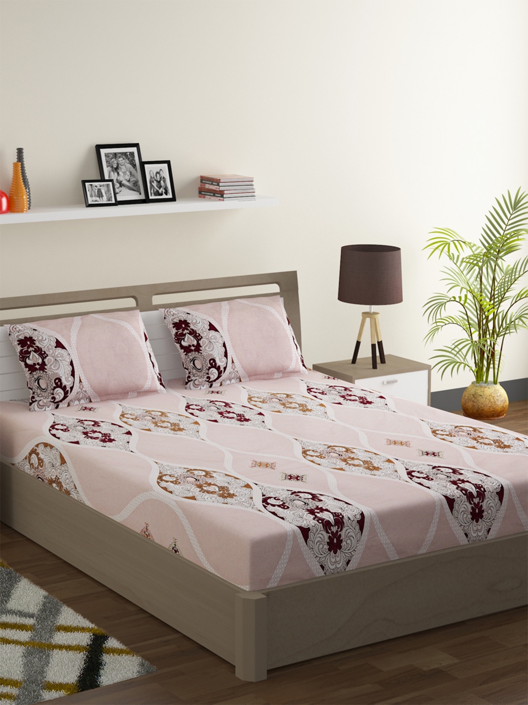 

SWAYAM Pink & Brown Geometric 144 TC Cotton 1 Queen Bedsheet with 2 Pillow Covers