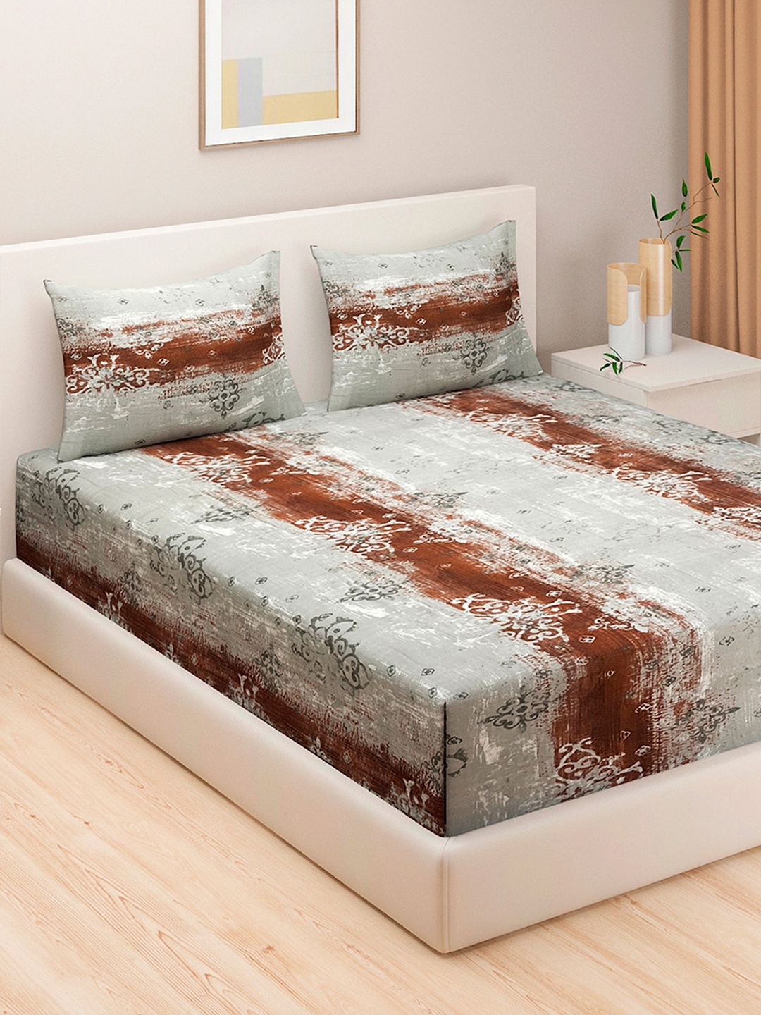 

SWAYAM Brown Veda Ethnic Motif 160 TC Cotton Double Bedsheet Set