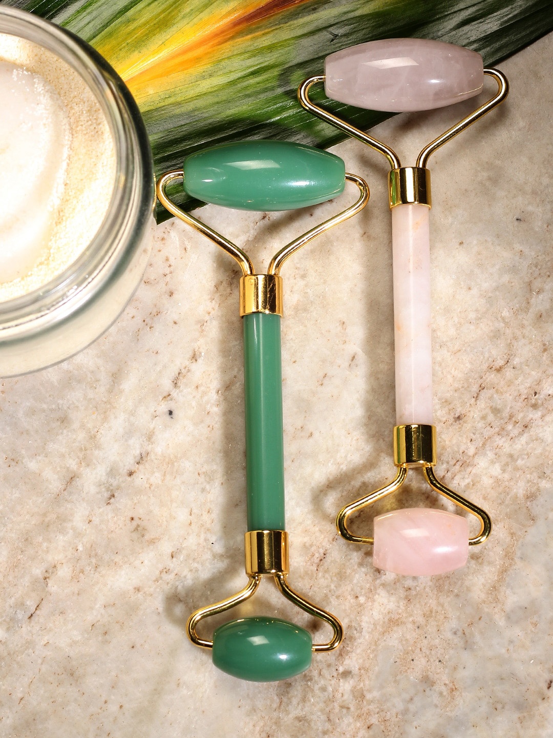 

SKINDUZED Green & Pink Set of 2 Jade & Rose Quartz Face Roller