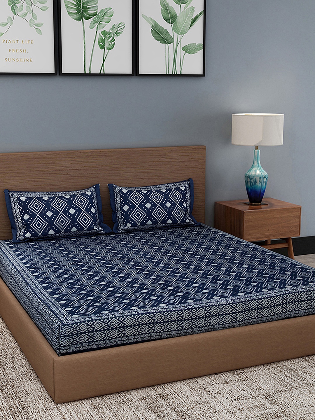 

Gulaab Jaipur Navy Blue Indigo Hand Block Print 350 TC 1 King Bedsheet with 2 Pillow Cover