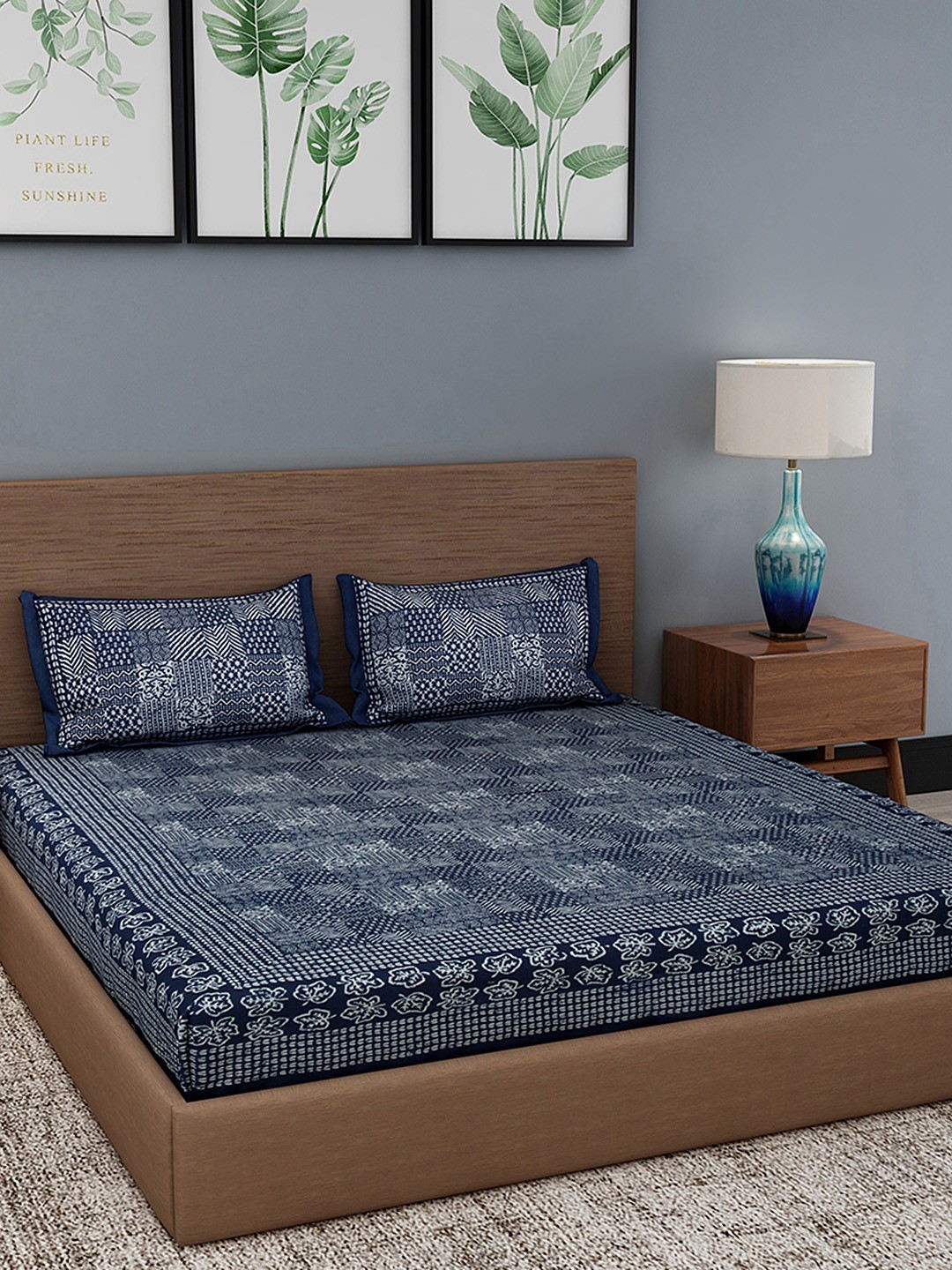 

Gulaab Jaipur Navy Blue Indigo Hand Block Print 350 TC 1 King Bedsheet with 2 Pillow Cover