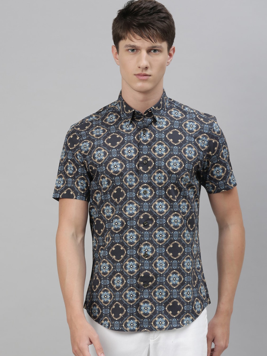 

RARE RABBIT Men Navy Blue Regular Fit Printed Casual Shirt