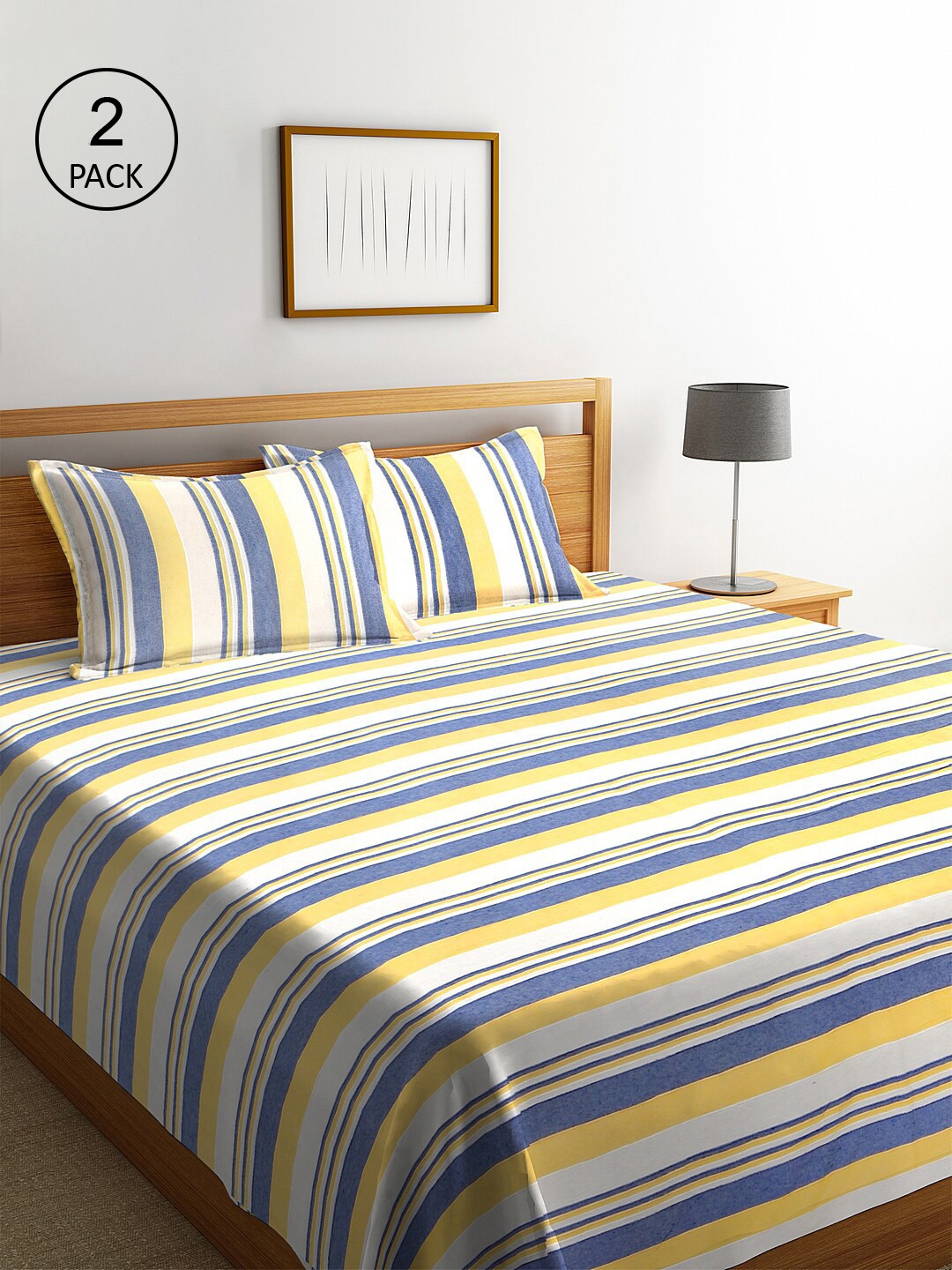 

KLOTTHE Set Of 2 Yellow & Blue Striped Double King Bed Covers With 4 Pillow Covers