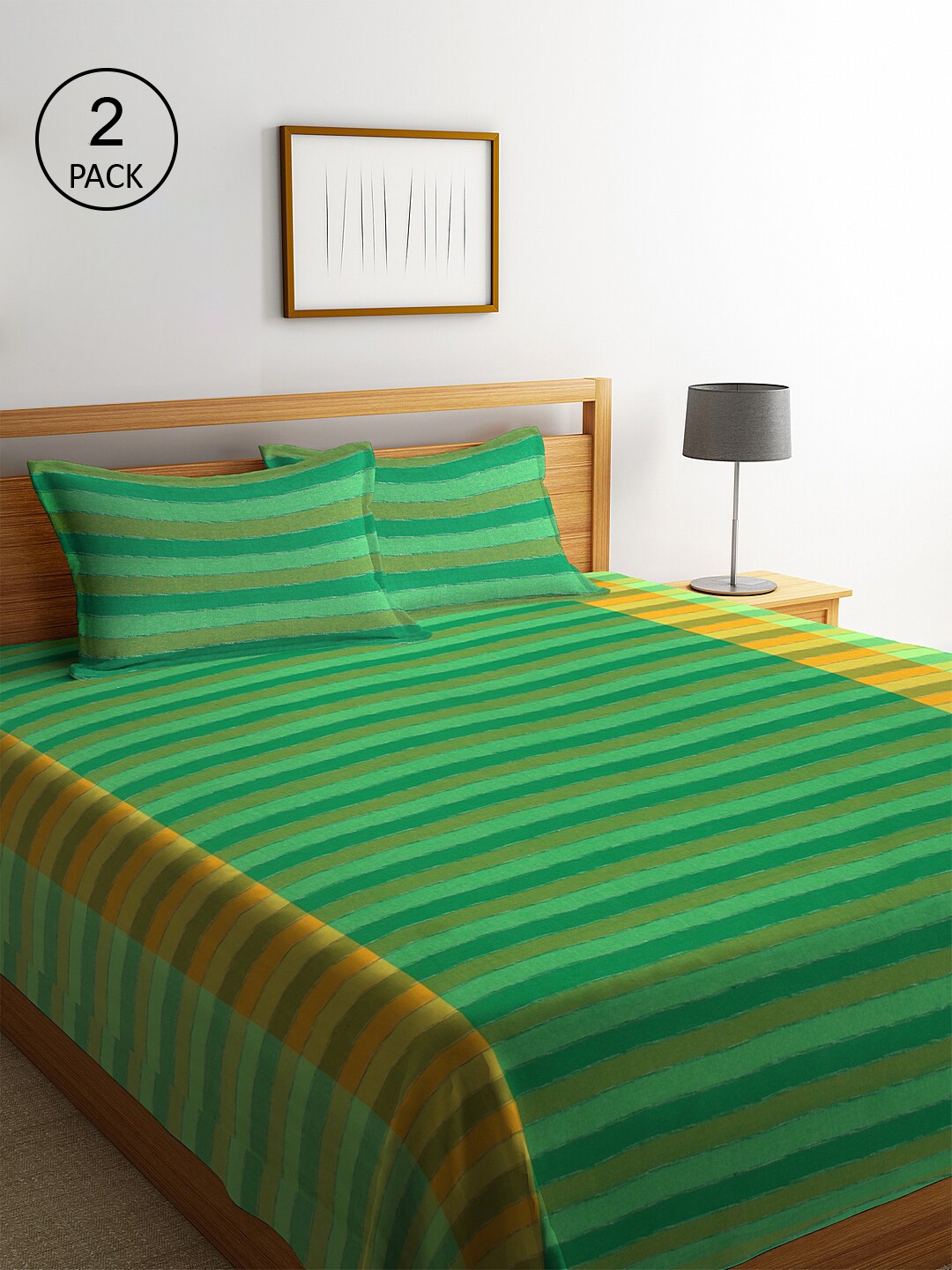 

KLOTTHE Set Of 2 Green & Yellow Striped Double King Bed Covers With Pillow Covers