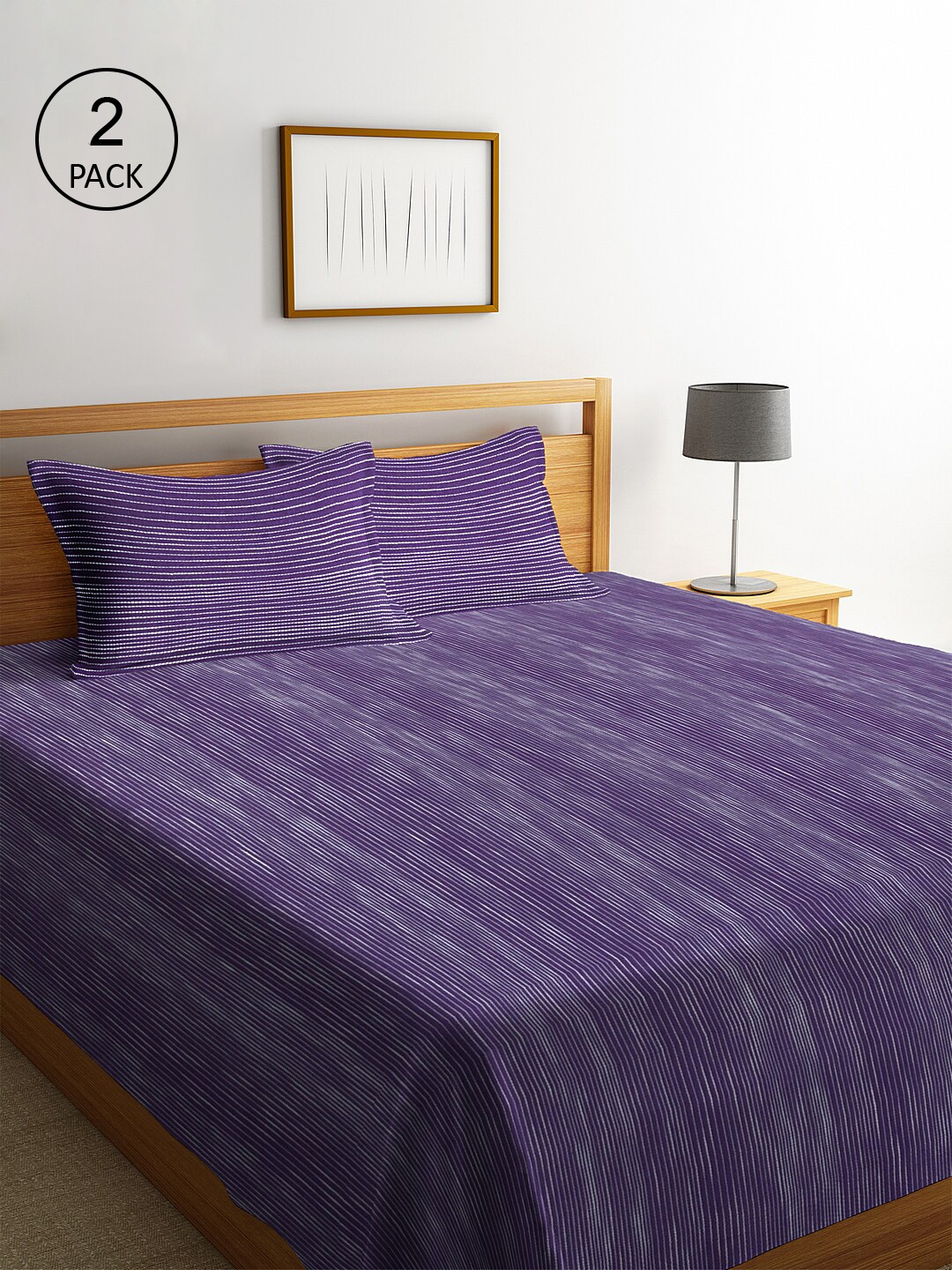 

KLOTTHE Set Of 2 Violet & White Striped Double King Bed Covers With 4 Pillow Covers