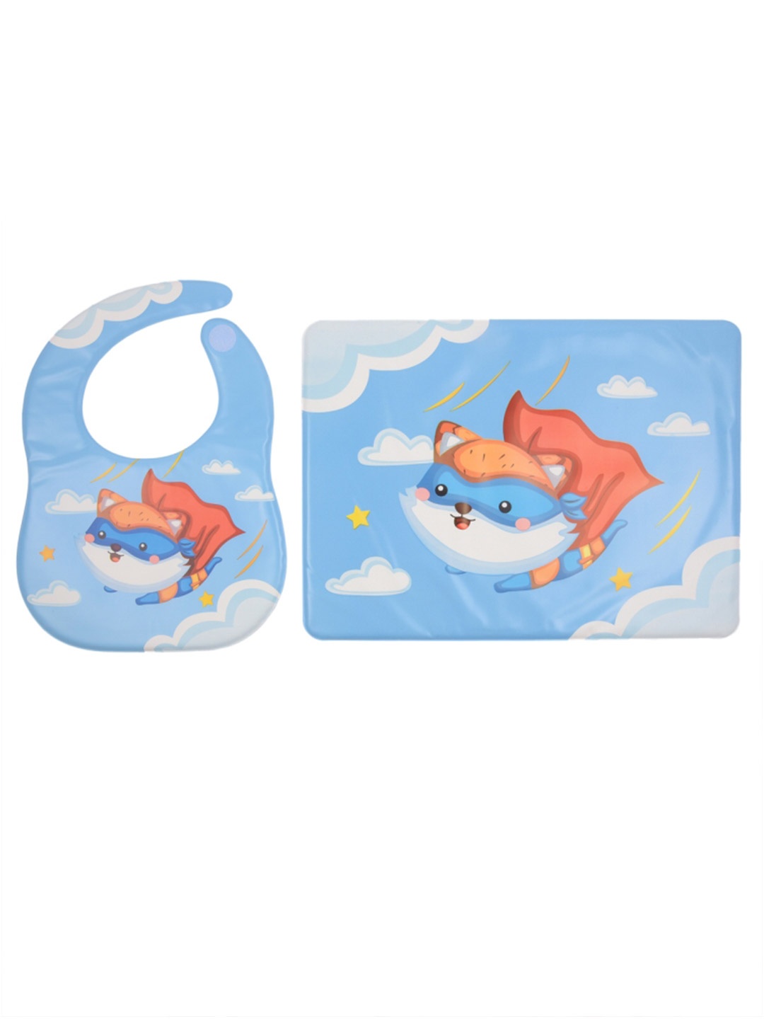 

Yellow Bee Kids Set Of 2 Blue & White Flying Cat Print Feeding Bib With Mat