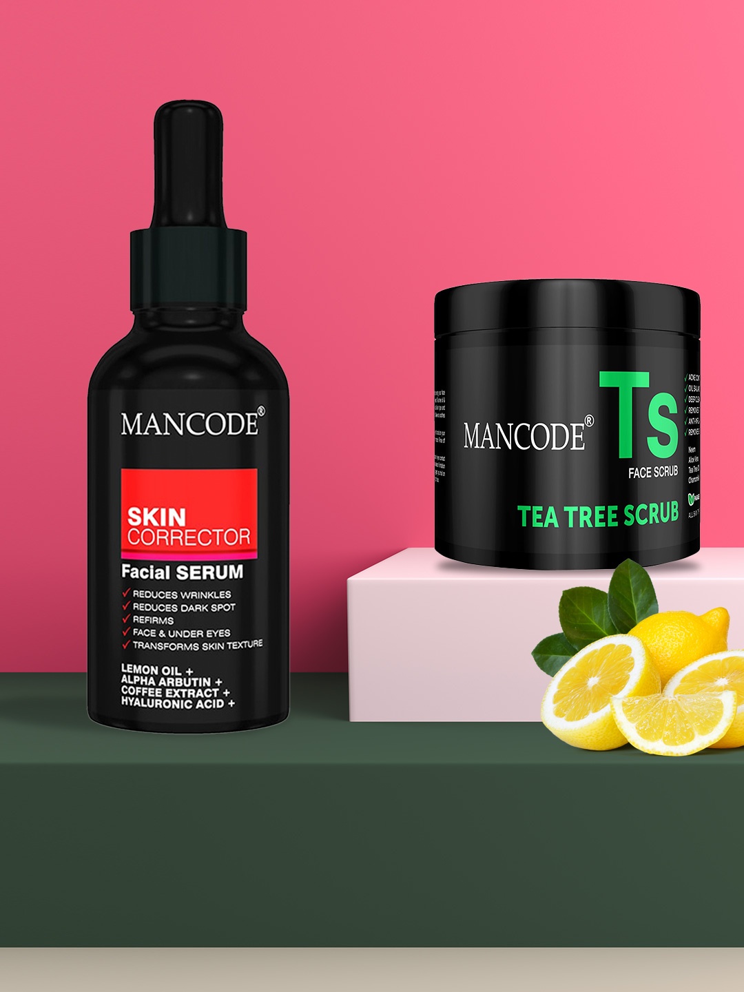 

Mancode Tea Tree Scrub, 100gm & skin Corrector Facial Serum, 50ml (Combo of 2), Black