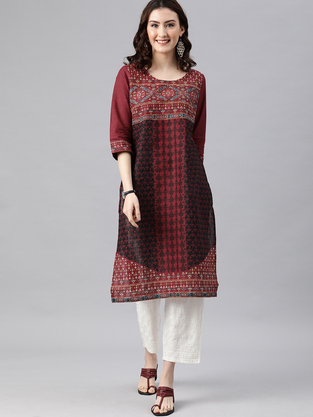 

AURELIA Straight Cotton Kurta, Maroon