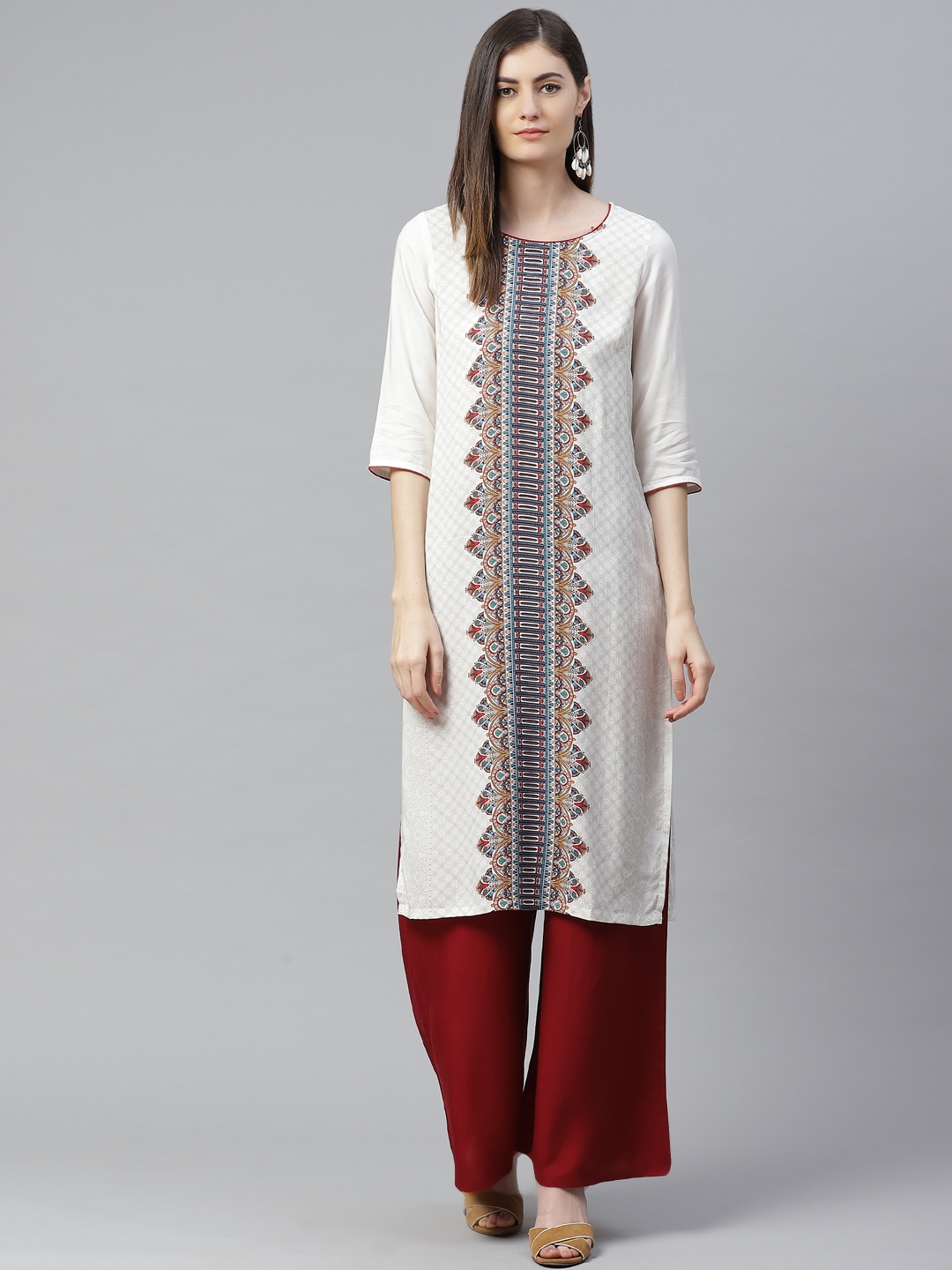

AURELIA Women Off White & Blue Ethnic Motifs Printed Kurta