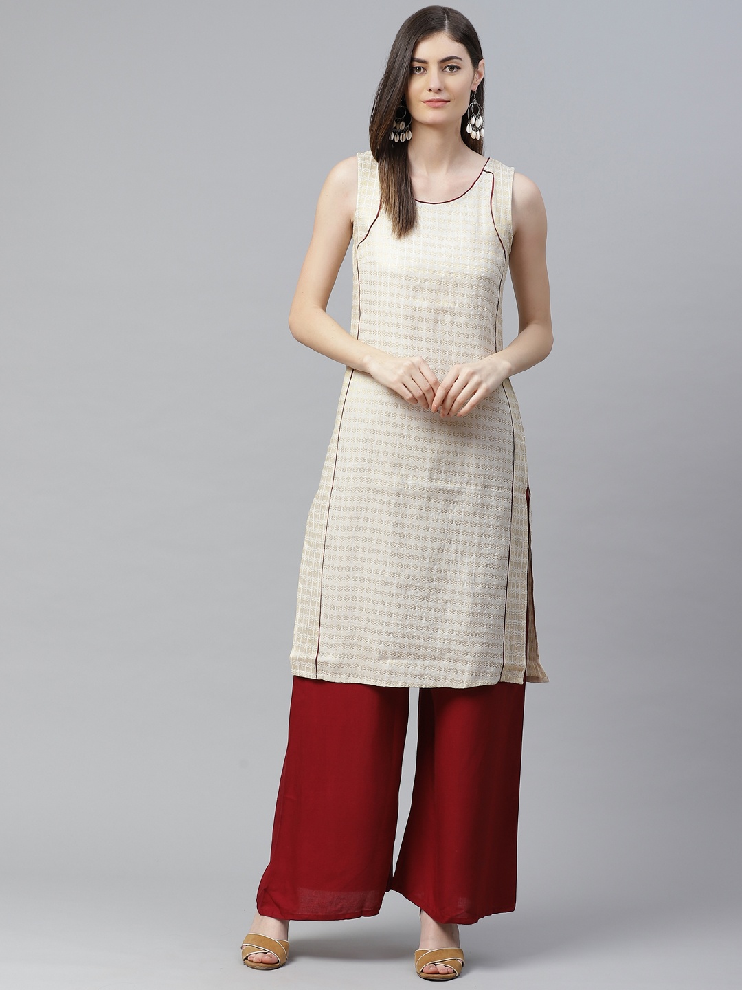 

AURELIA Women Off White & Golden Zari Woven Design Straight Kurta