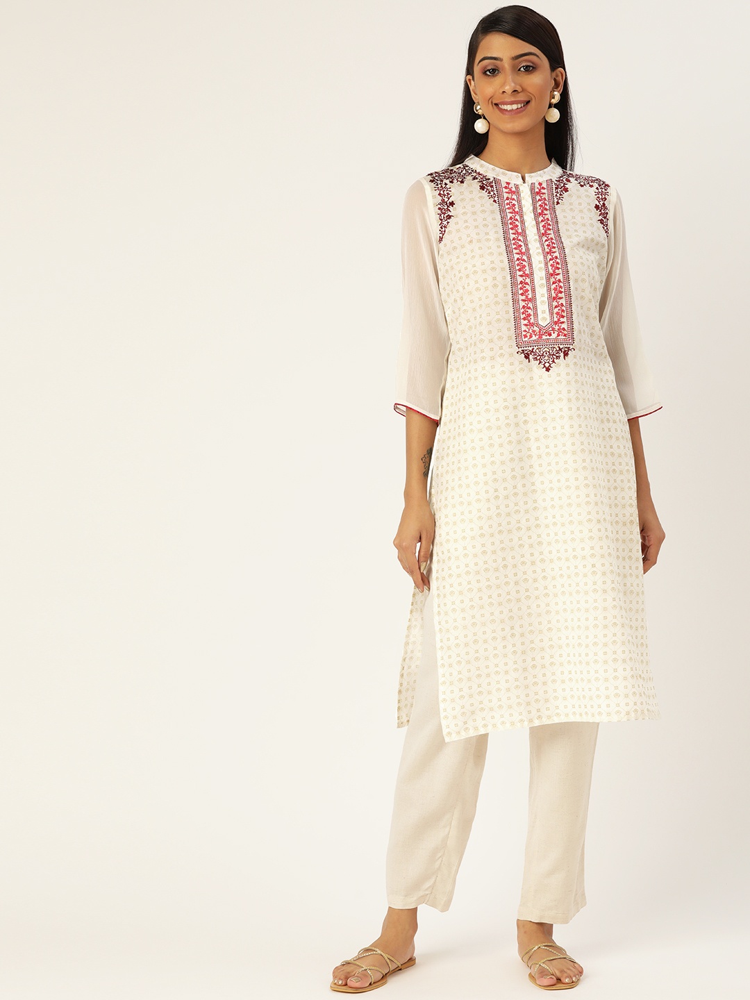 

AURELIA Women Off White & Red Ethnic Motifs Printed Pure Cotton Straight Kurta