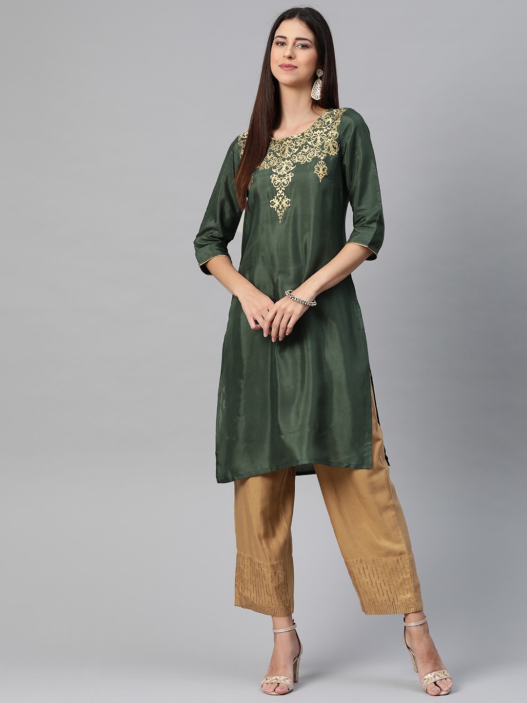 

AURELIA Women Green Ethnic Motifs Yoke Design Kurta