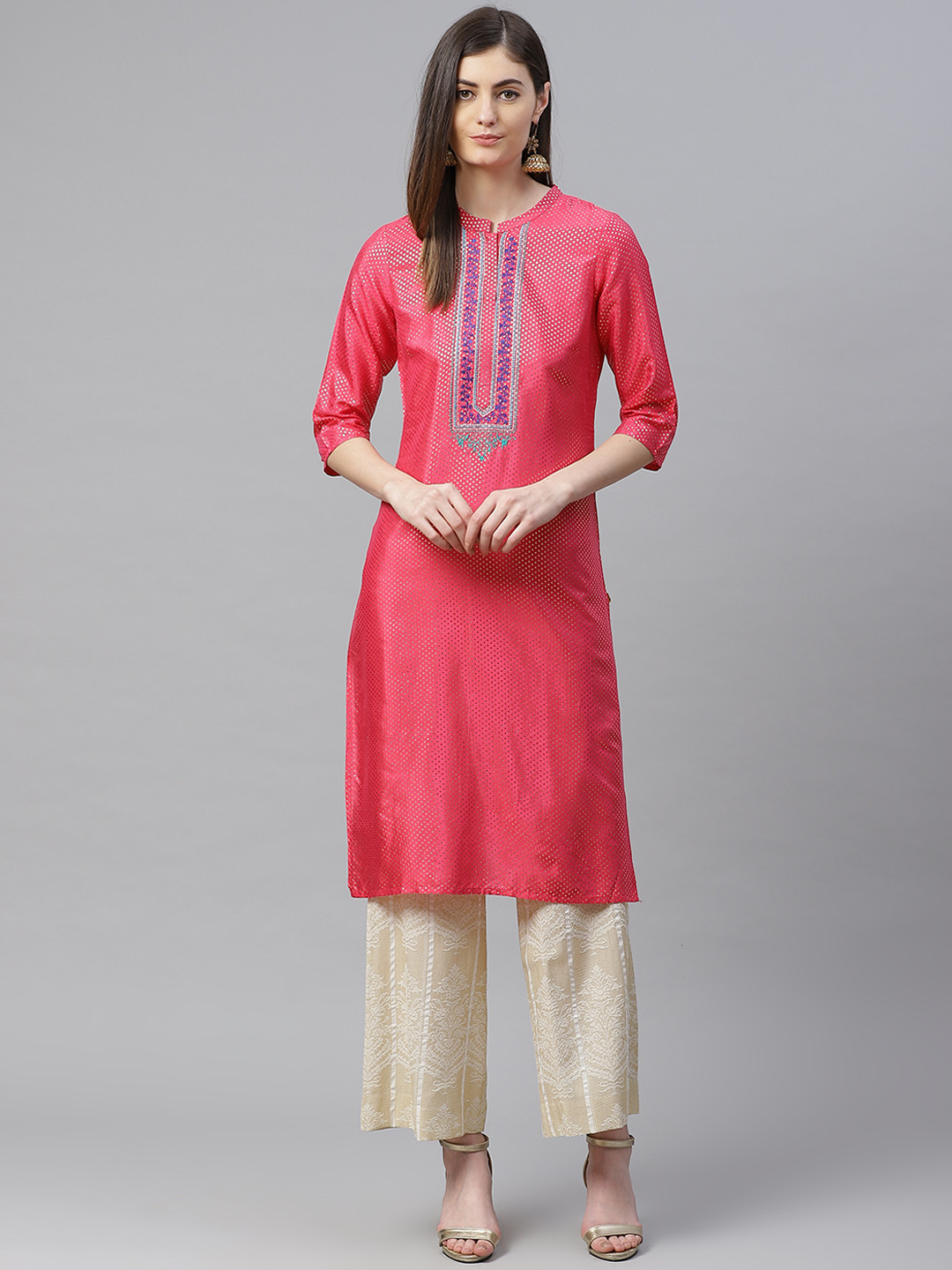 

AURELIA Women Pink & Golden Geometric Printed Thread Work Straight Kurta