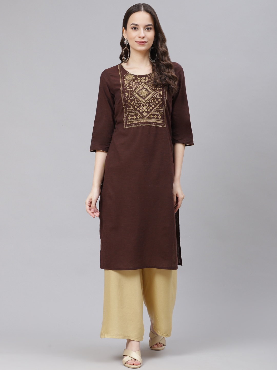 

AURELIA Women Brown & Golden Pure Cotton Yoke Design Thread Work Straight Kurta