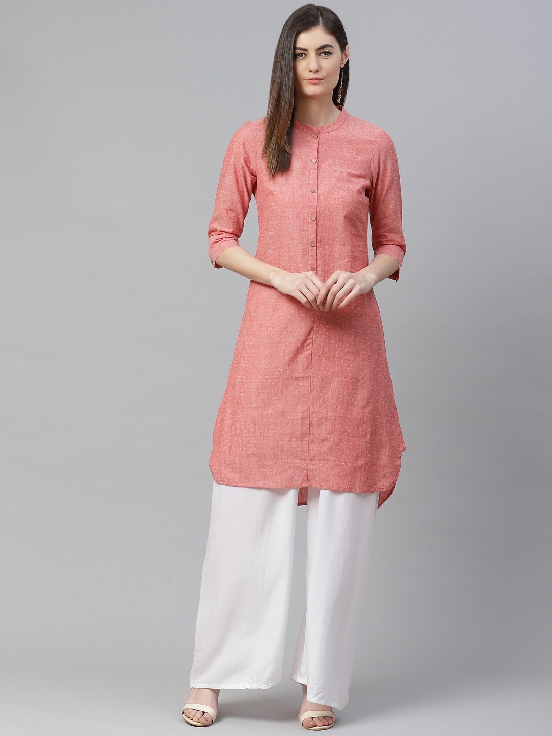 

AURELIA Women Pink &White Geometric Woven Design Cotton High-Low Straight Kurta