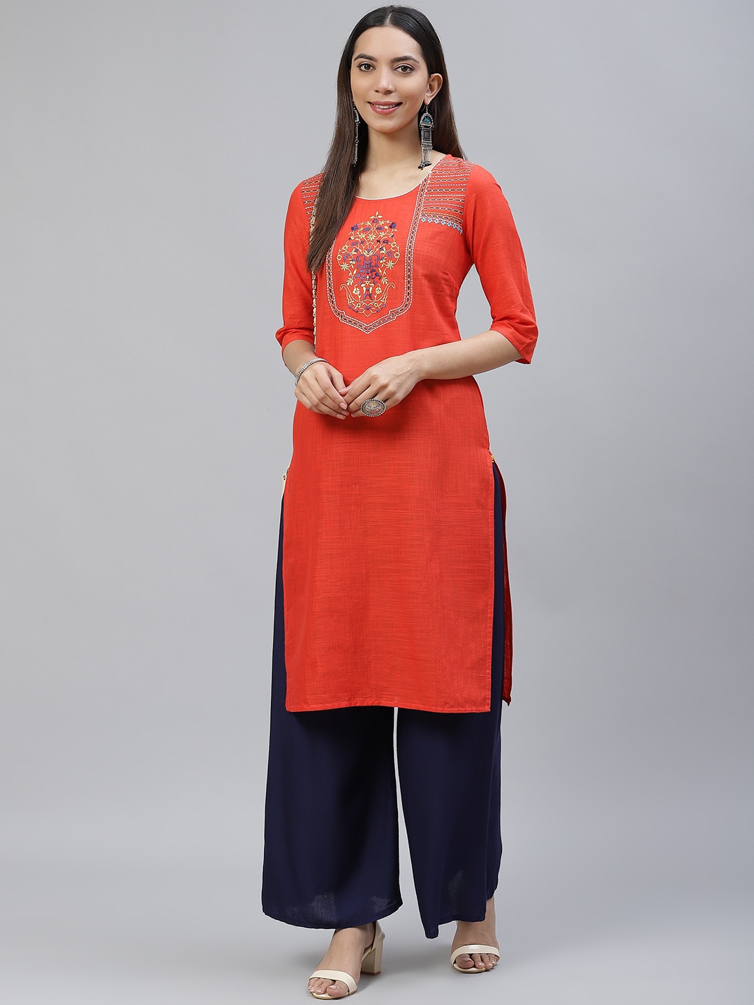 

AURELIA Women Coral & Green Yoke Design Cotton Straight Kurta