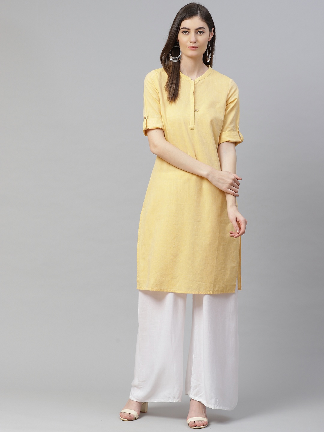 

AURELIA Women Yellow Solid Cotton Straight Kurta