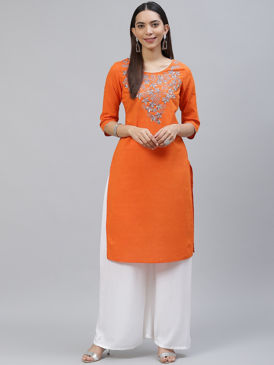

AURELIA Women Orange & Grey Ethnic Motifs Yoke Design Thread Work Kurta