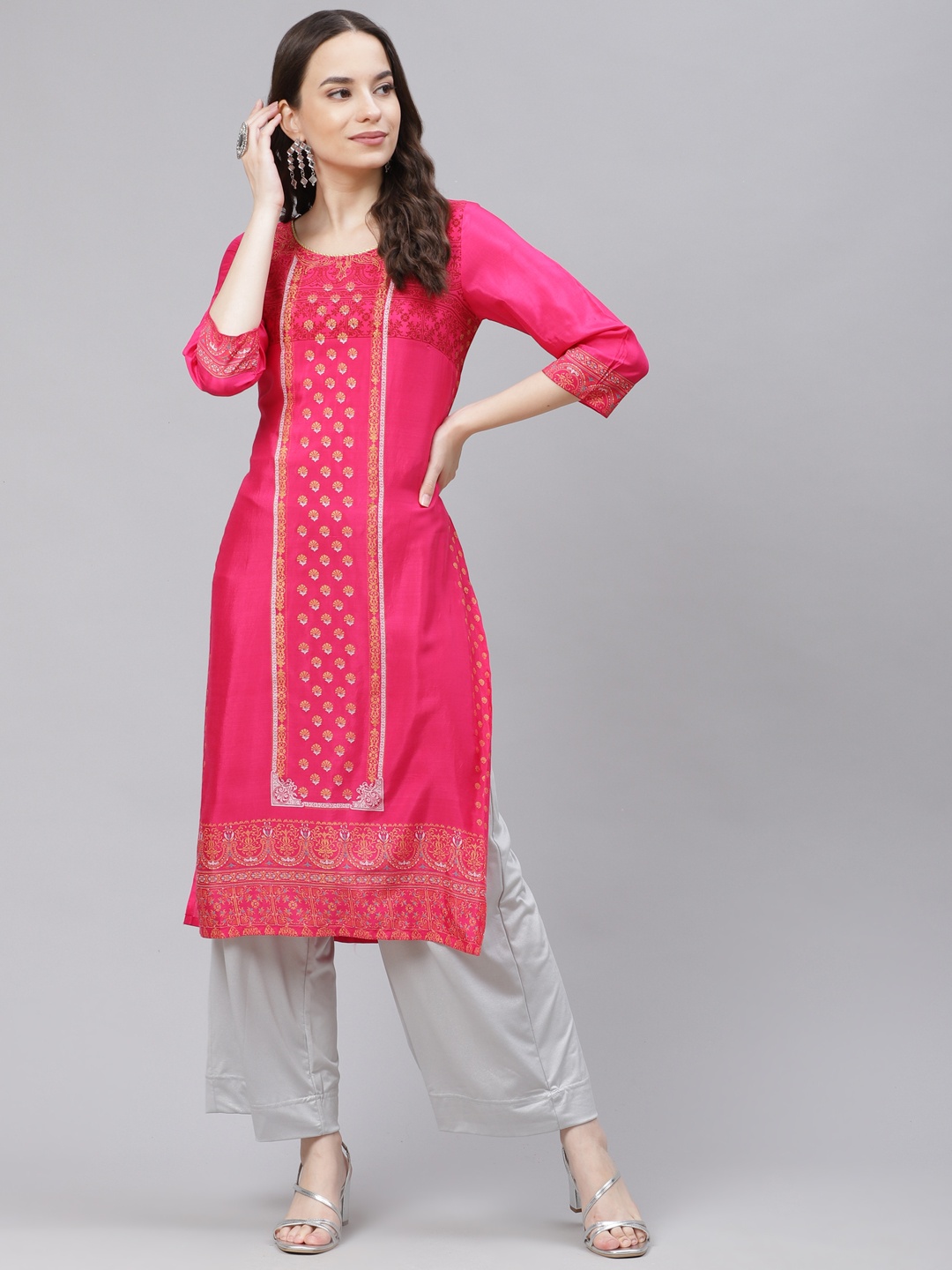 

AURELIA Women Pink & Golden Ethnic Motifs Printed Kurta