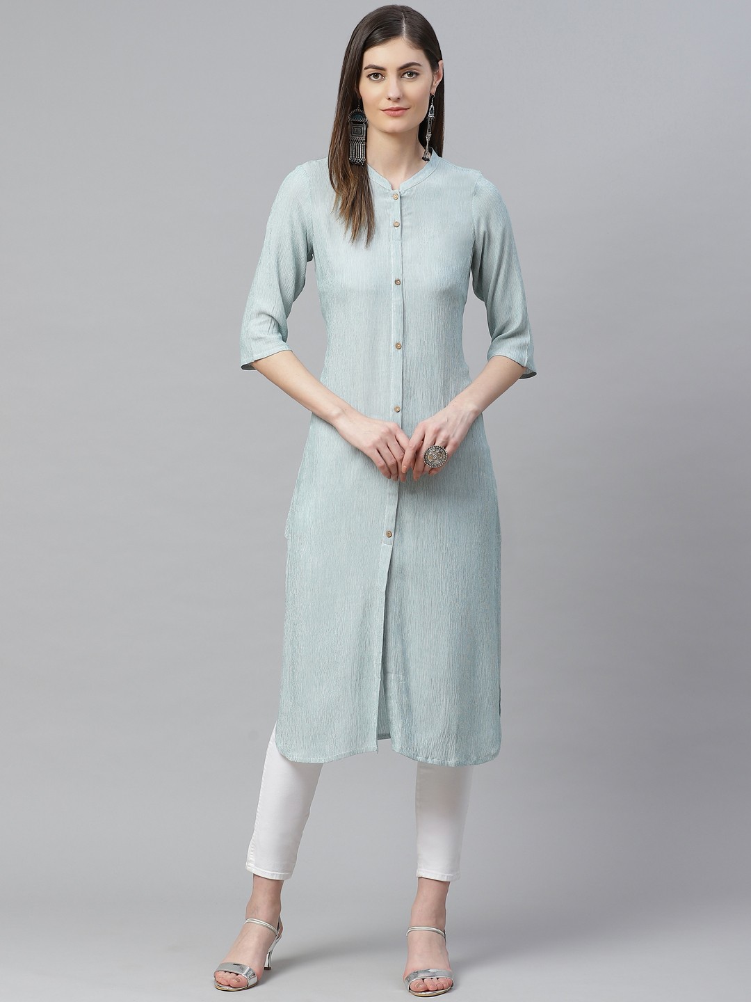 

AURELIA Women Green & White Straight Kurta