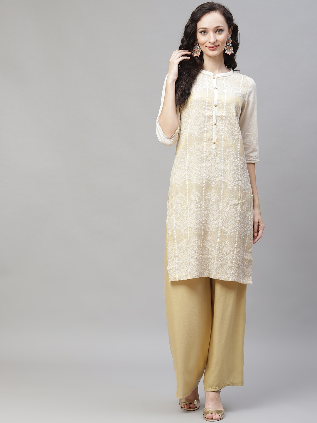 

AURELIA Women Cream Coloured & Golden Ethnic Motifs Print Straight Kurta