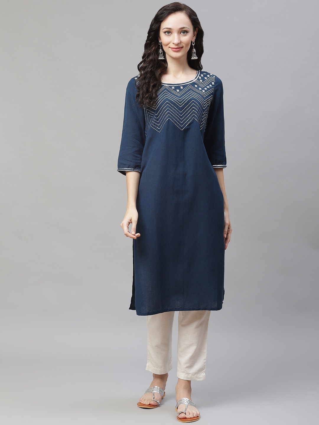 

AURELIA Women Navy Blue & Silver Chevron Embroidered Yoke Design Straight Kurta