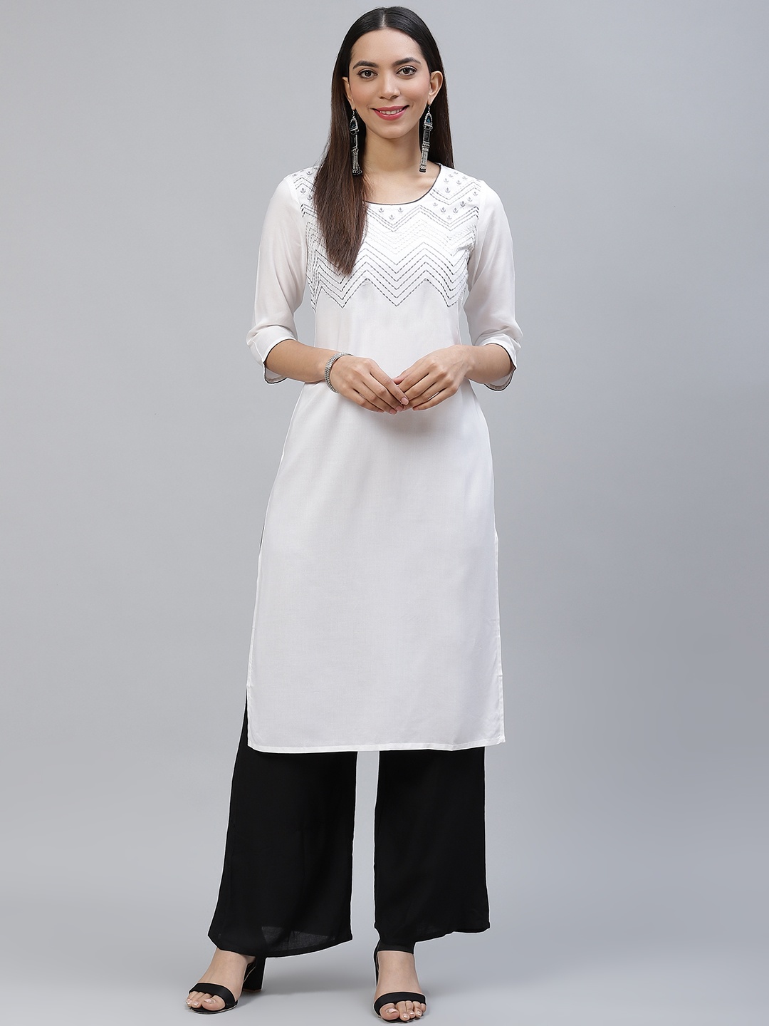 

AURELIA Women White Chevron Yoke Design Thread Work Kurta