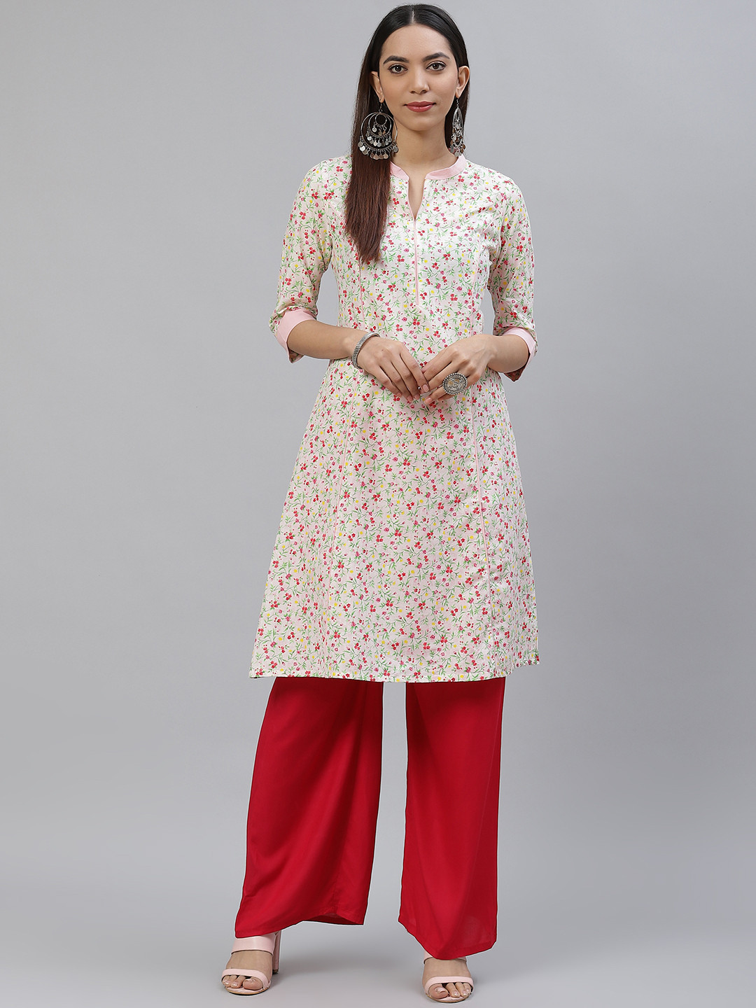 

AURELIA Women Off White & Pink Floral Printed Straight Kurta