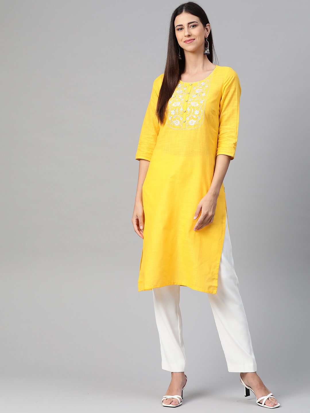

AURELIA Women Yellow Ethnic Motifs Yoke Design Pure Cotton Kurta
