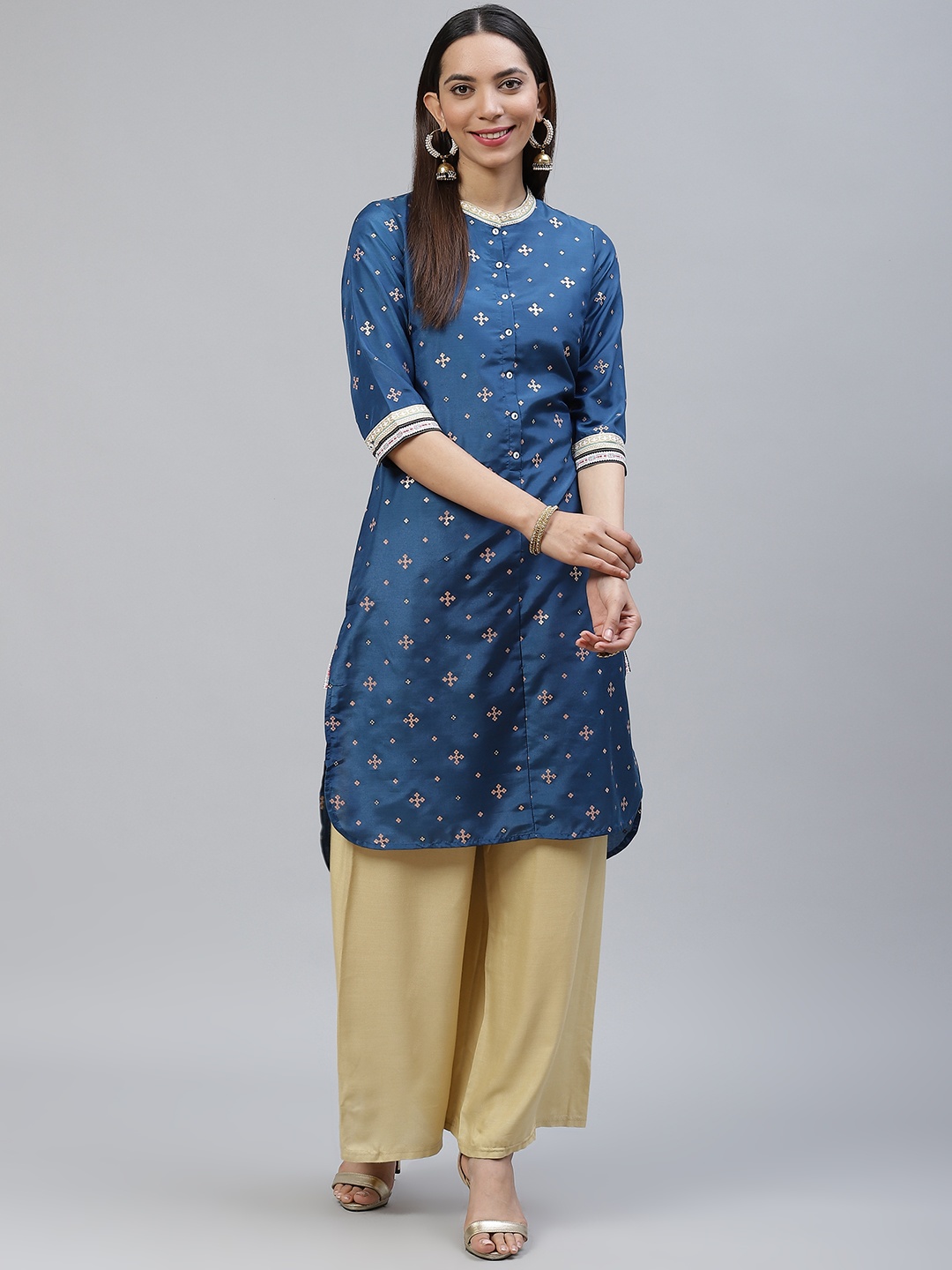 

AURELIA Women Blue & Golden Floral Printed Kurta