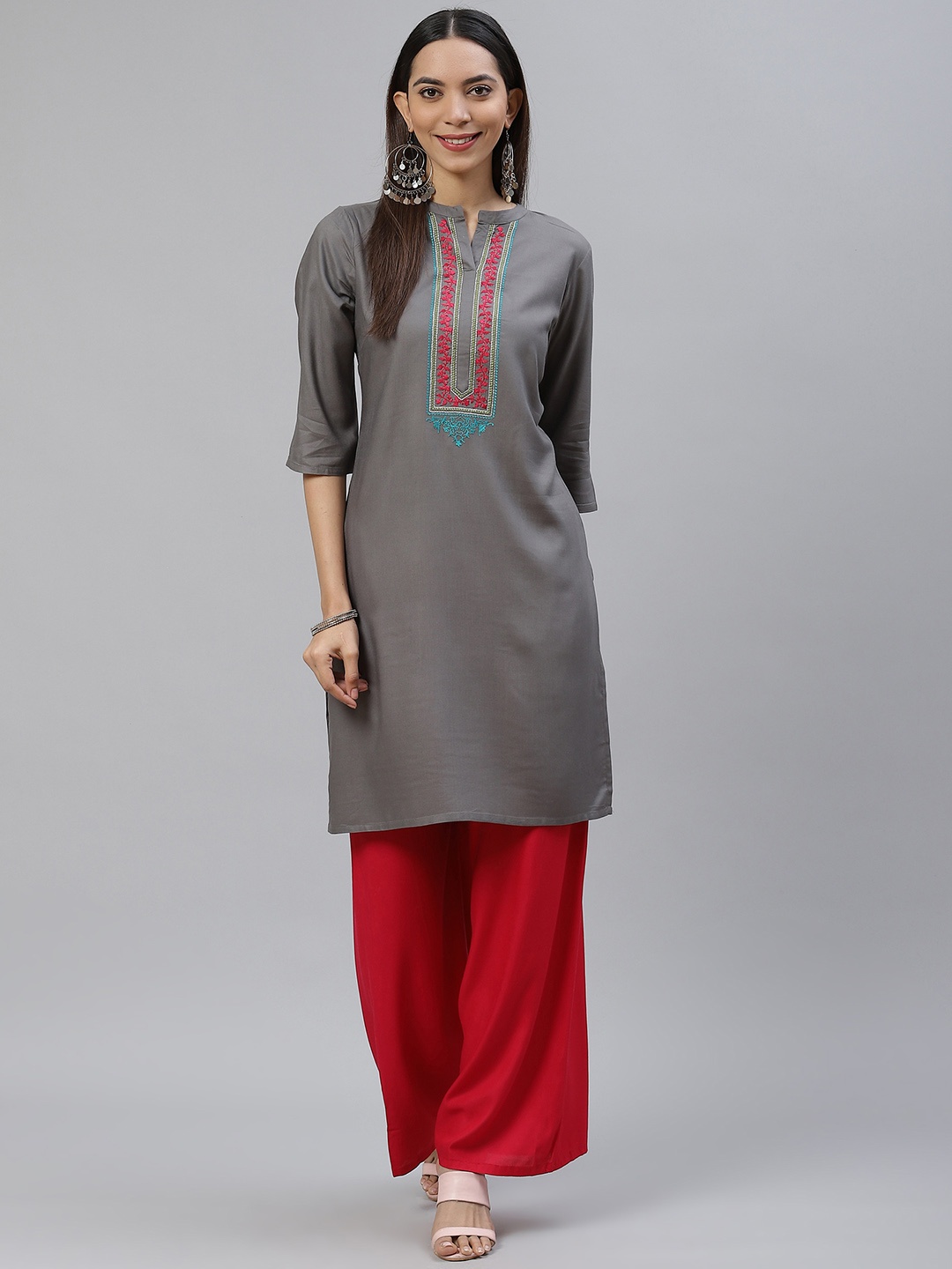 

AURELIA Women Charcoal Grey Ethnic Motifs Yoke Design Thread Work Kurta