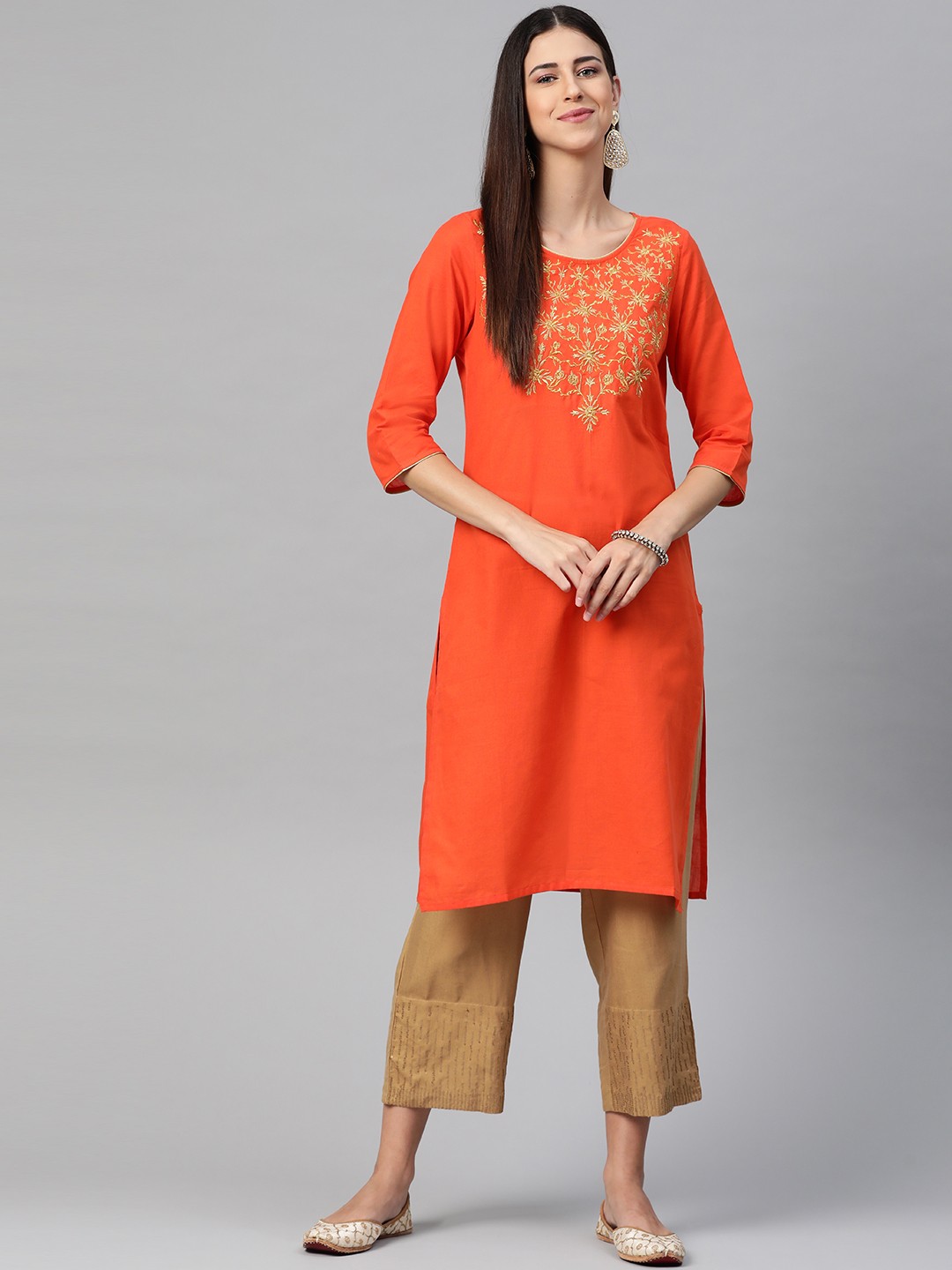 

AURELIA Women Orange Ethnic Motifs Yoke Design Pure Cotton Kurta