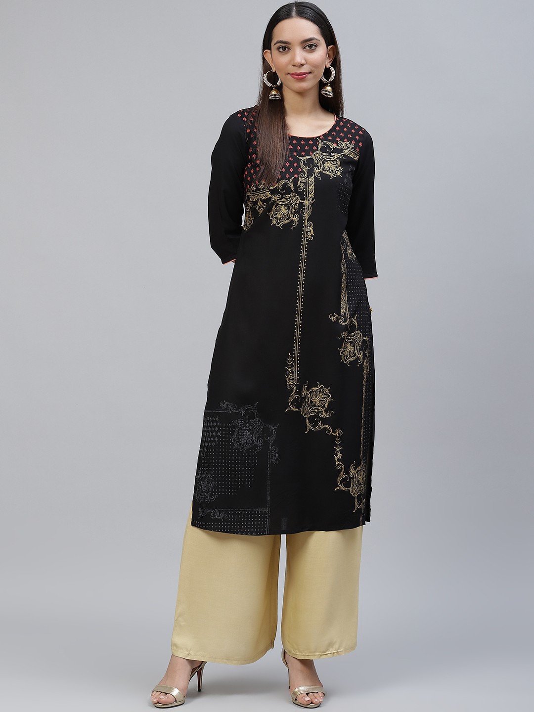 

AURELIA Women Black & Yellow Ethnic Motifs Printed Kurta