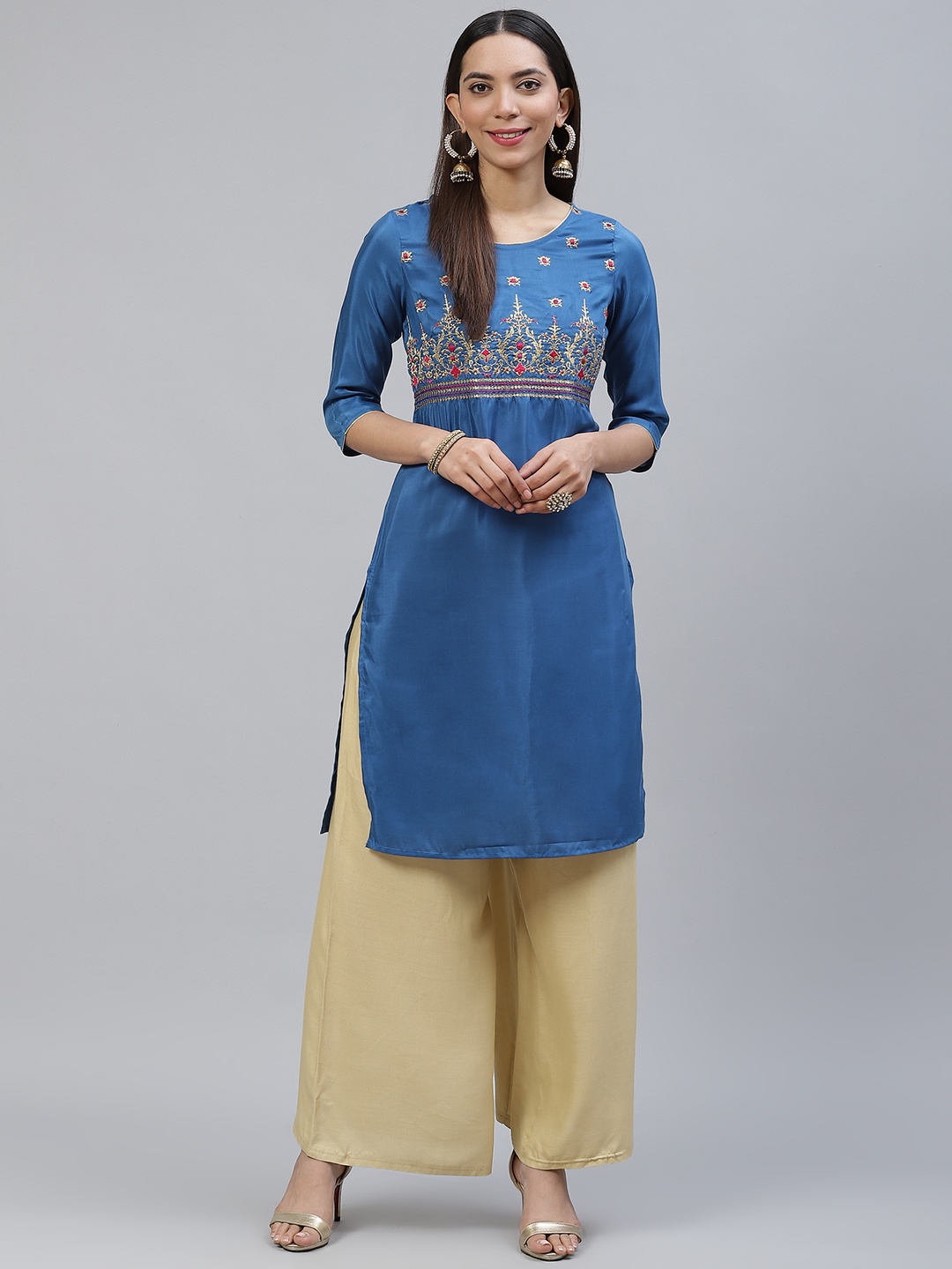 

AURELIA Women Blue & Golden Ethnic Motifs Zari Yoke Design Kurta