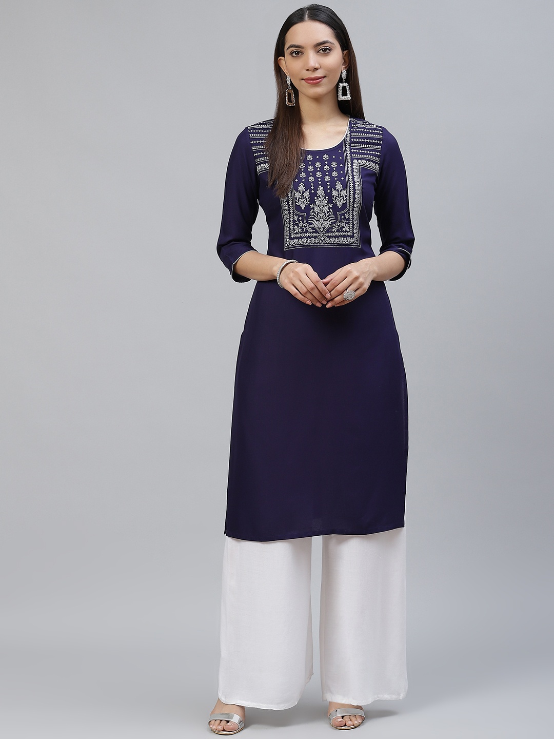 

AURELIA Women Navy Blue & Silver Ethnic Motifs Zari Yoke Design Kurta