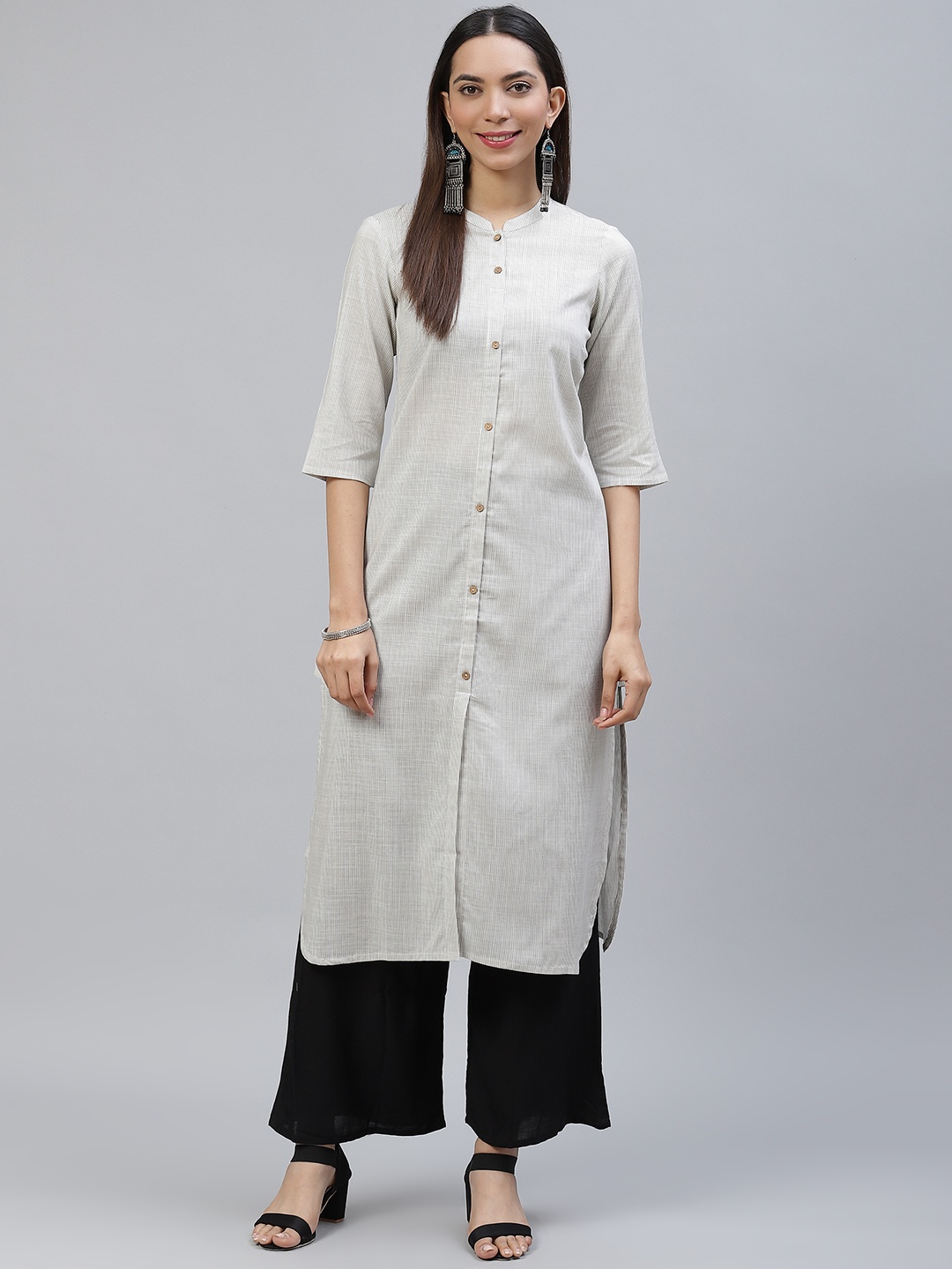 

AURELIA Women Off White & Charcoal Grey Striped Kurta