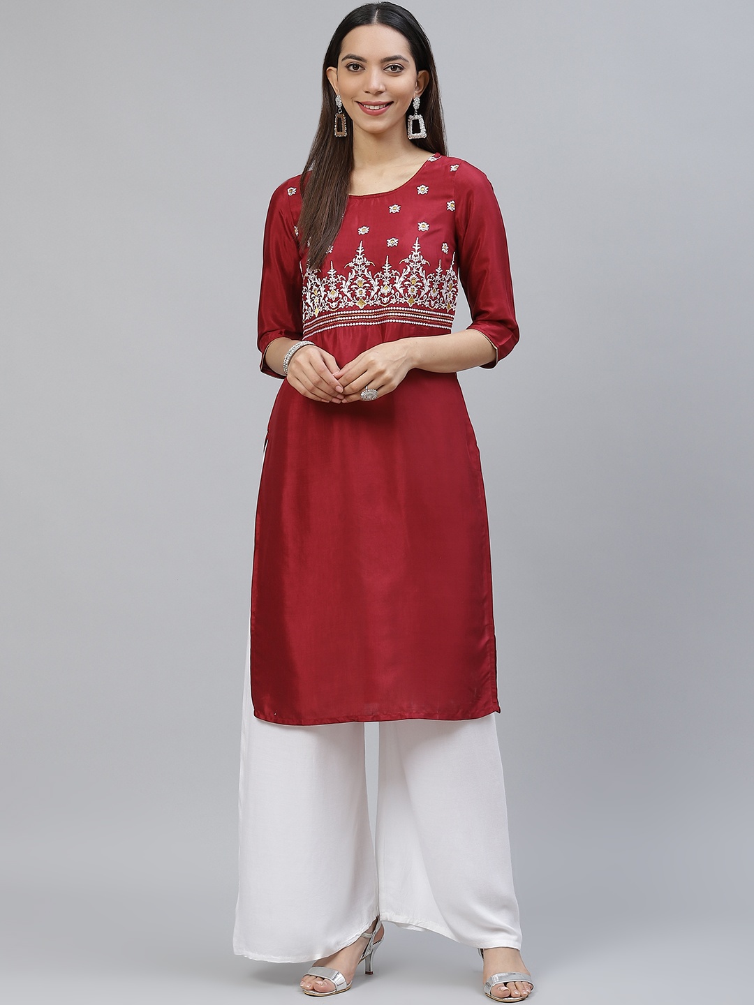 

AURELIA Women Maroon Ethnic Motifs Yoke Design Thread Work Straight Kurta