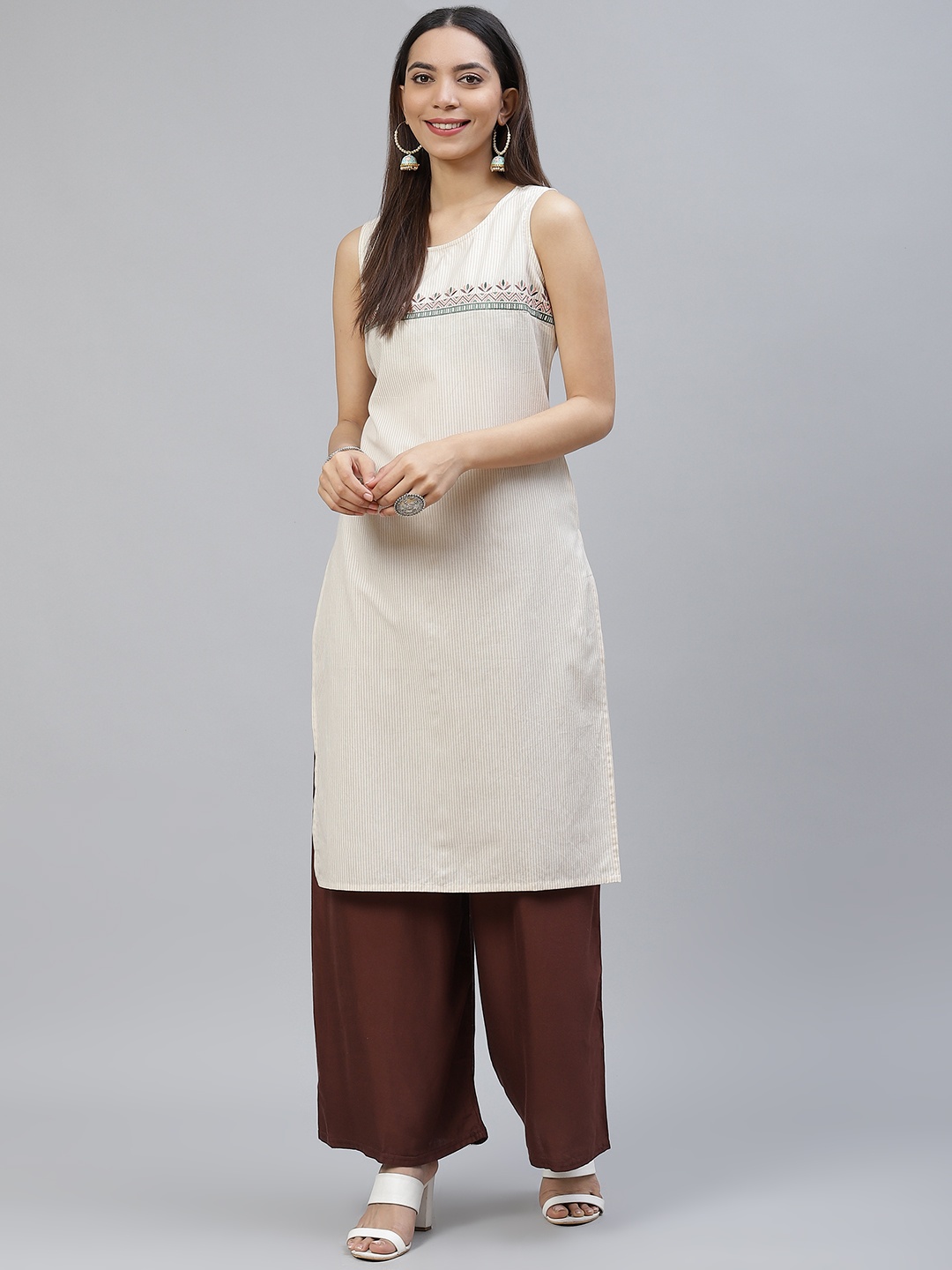 

AURELIA Women Cream-Coloured Pure Cotton Striped Thread Work Straight Kurta