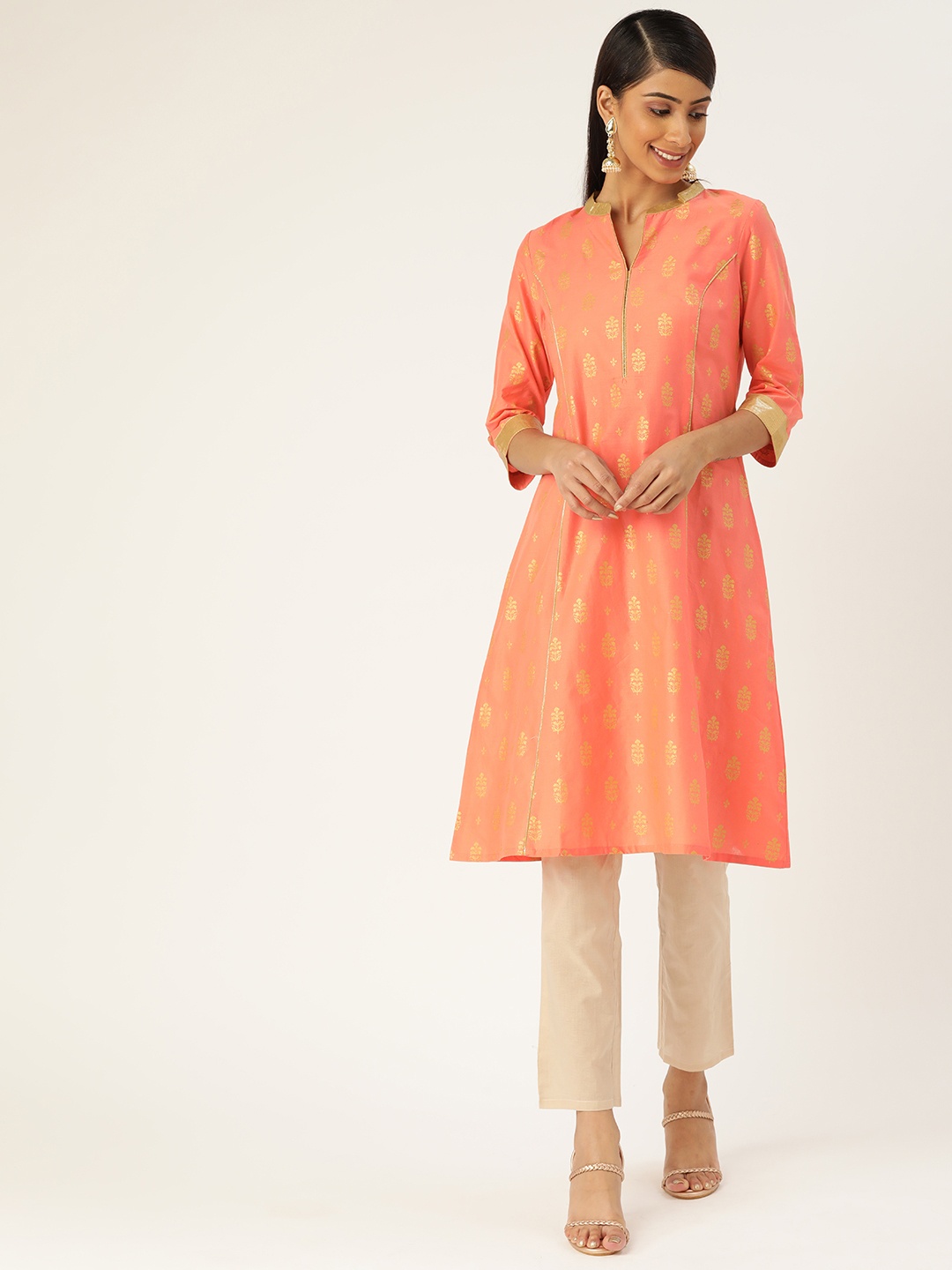 

AURELIA Women Coral Pink & Golden Ethnic Motifs Printed Pure Cotton Kurta