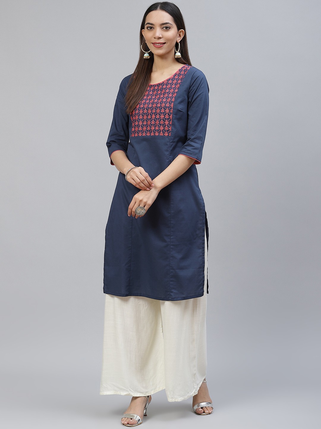 

AURELIA Women Straight Cotton Kurta, Navy blue