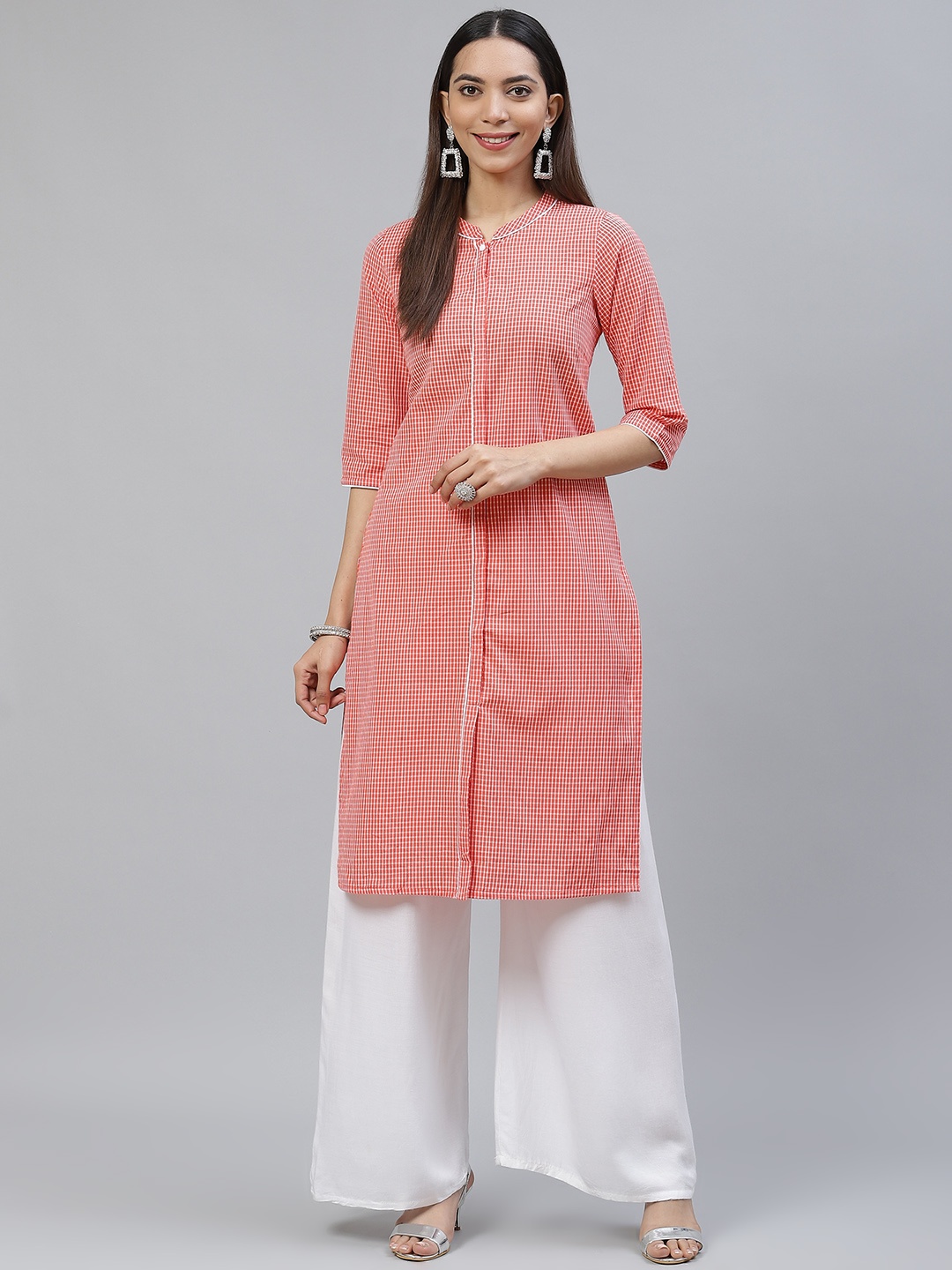 

AURELIA Women Orange & White Pure Cotton Checked Straight Kurta