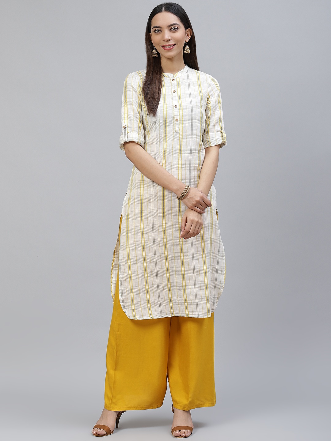 

AURELIA Women Off White & Yellow Pure Cotton Checked Straight Kurta