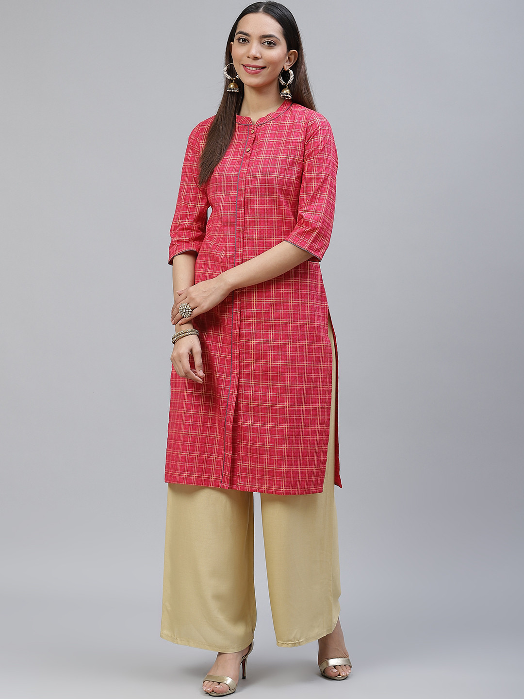 

AURELIA Women Pink & Golden Pure Cotton Checked Straight Kurta