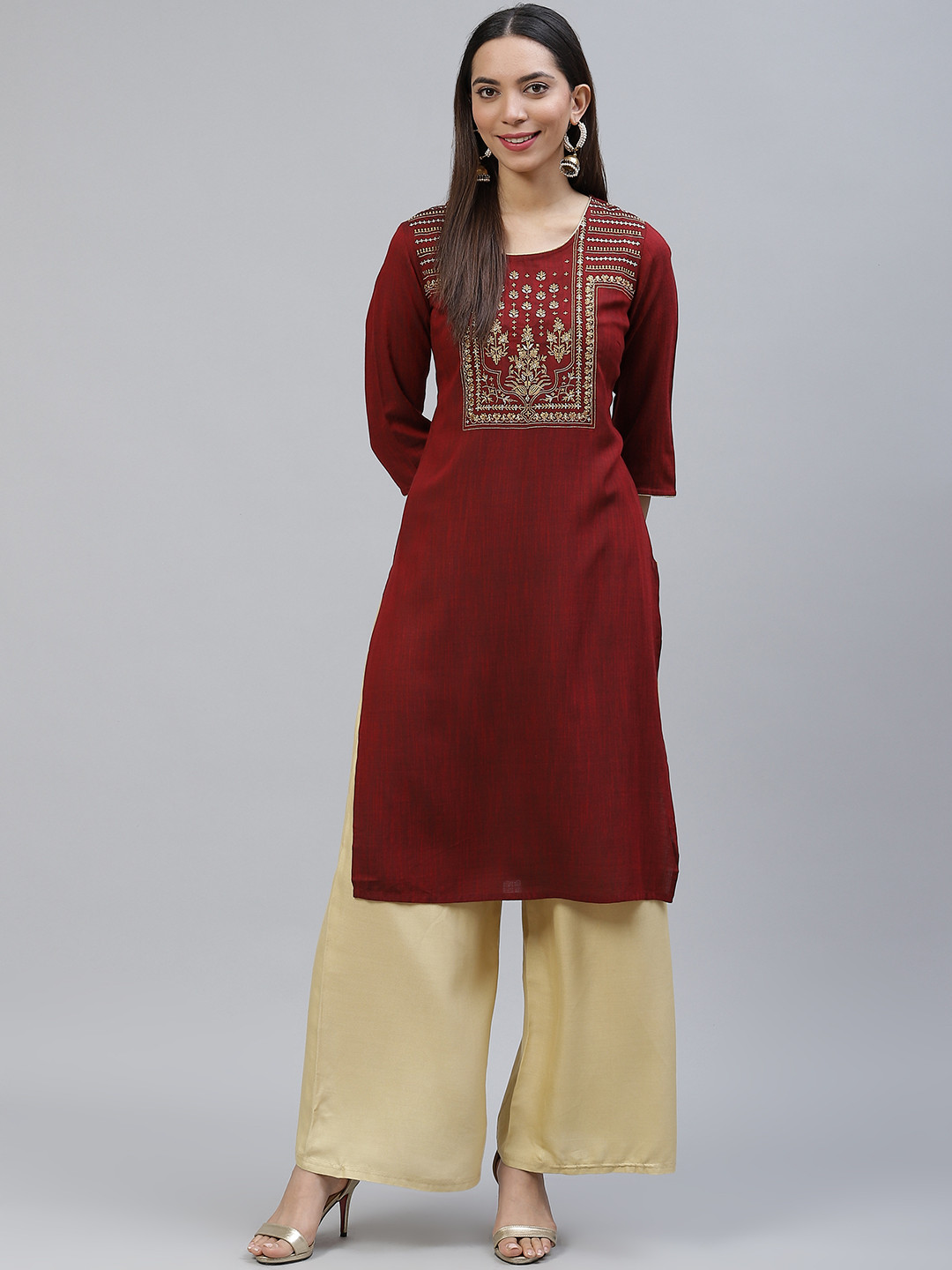 

AURELIA Women Maroon & Golden Ethnic Motifs Yoke Design Straight Kurta
