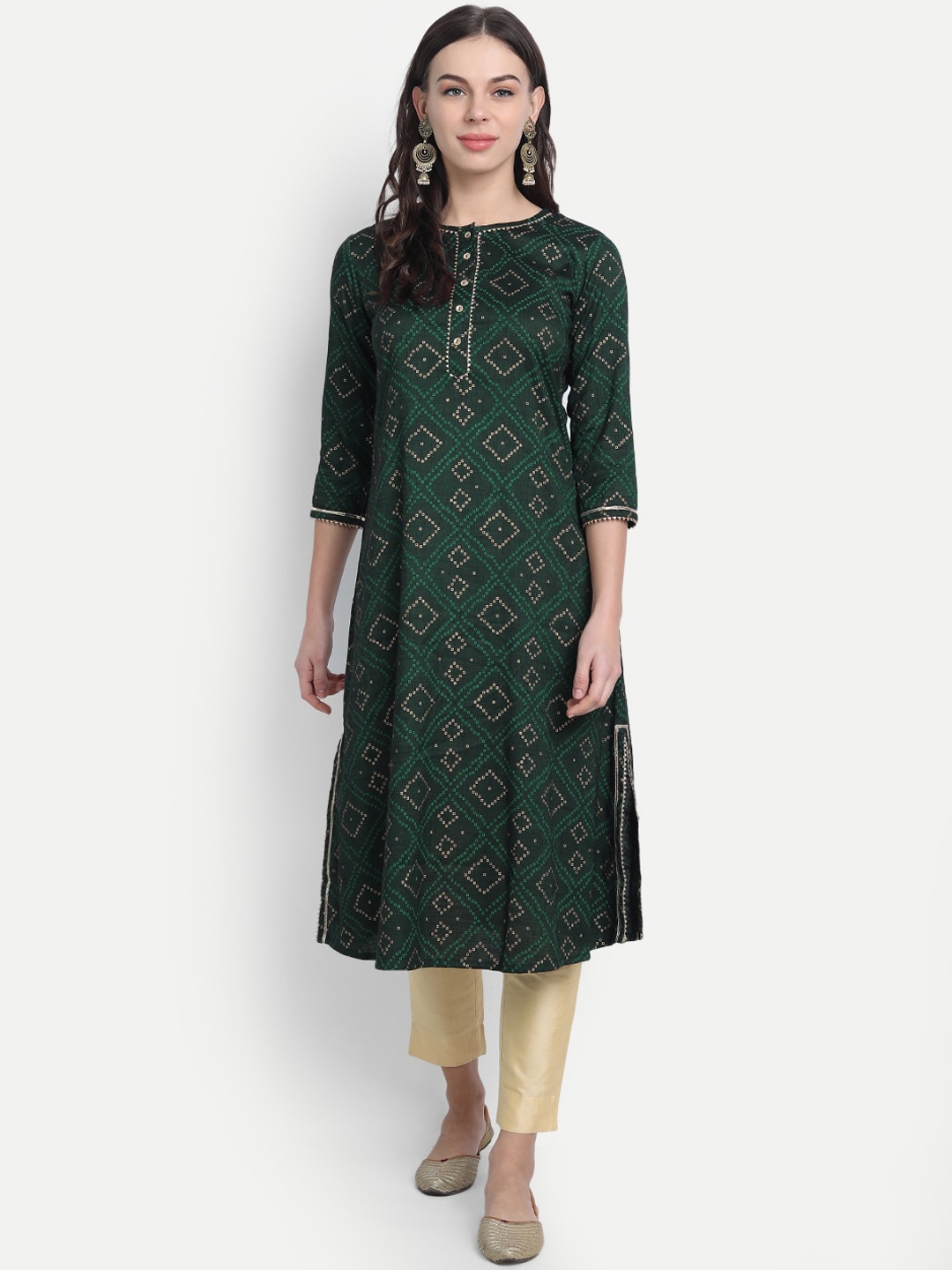 

fabGLOBAL Women Green & Beige Printed A-Line Kurta