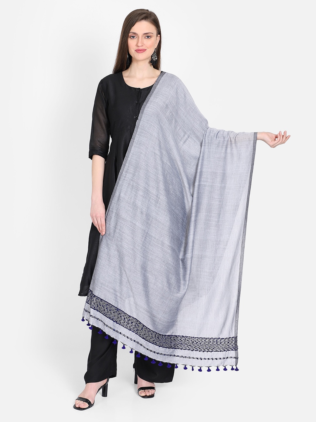 

THE WEAVE TRAVELLER Grey & Navy Blue Woven Design Dupatta