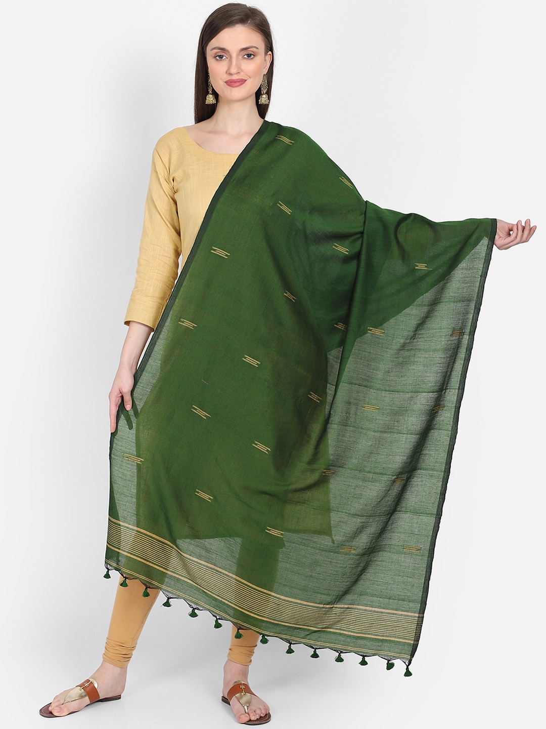 

THE WEAVE TRAVELLER Green & Beige Woven Design Sustainable Dupatta